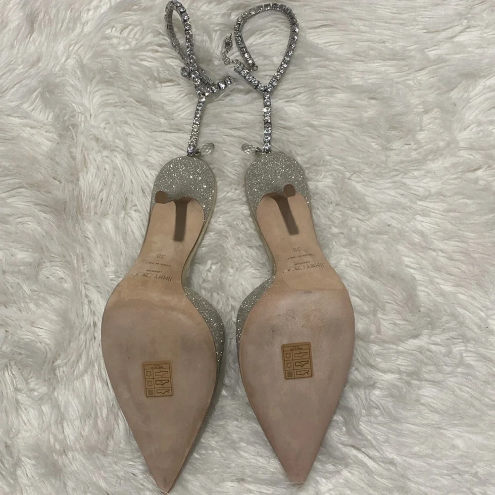 New Jimmy Choo Saeda 100 Platinum Ice‎ dusty glitter pumps size 38EU